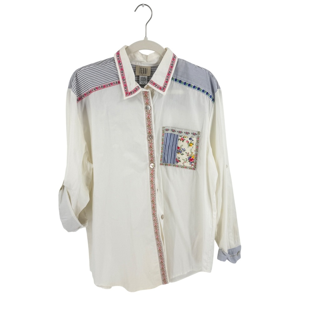 Vintage Patchwork Foral Teddi Button Up Shirt White Large Striped Cottagecore